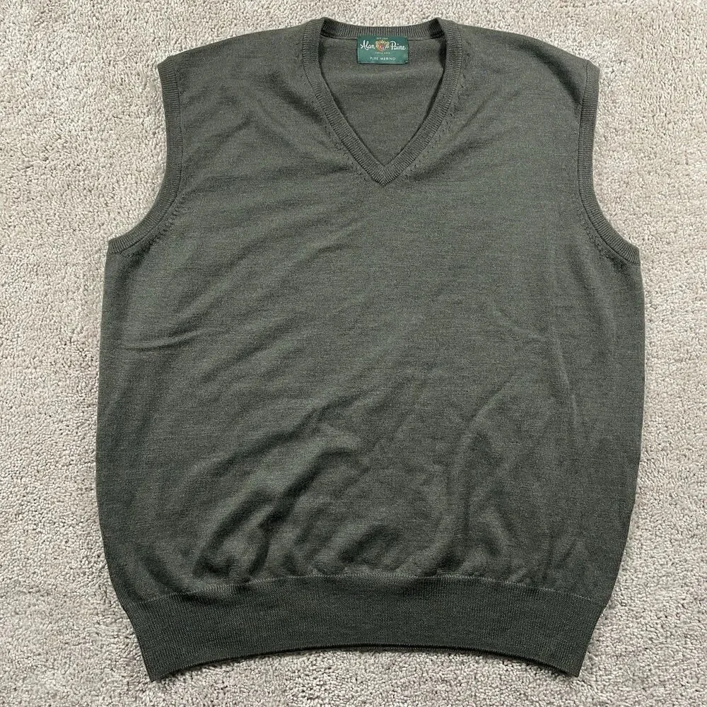 Vintage Alan Paine Men’s V-Neck Sweater Vest Gray Merino Wool UK 46 EUR 54 US XL